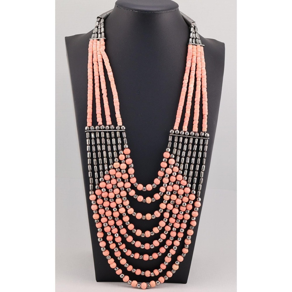 Vintage Multi Strand Coral Color Beaded Necklace Boho Tribal Statement